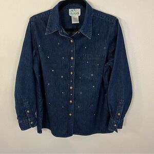 QUACKER FACTORY Womens Medium Blue Denim SEQUIN Blouse Shirt Button Front L/S